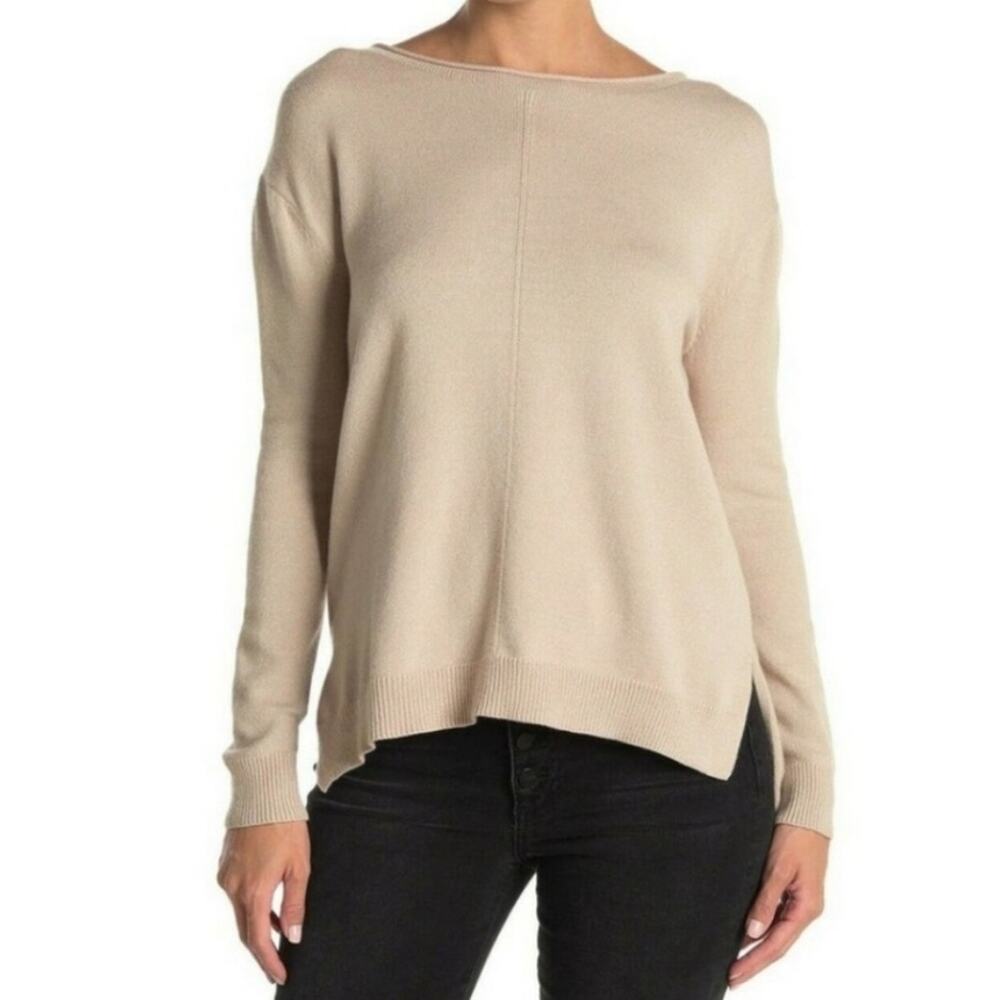 Catherine Malandrino Front Seam Split Hem Sweater Tan Beige Roll Collar XS/S